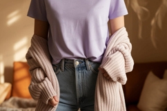 Lavender top denim jeans knit cardigan image Product Image 1