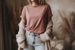Woman wearing pink shirt and cardigan jeans Product Image 1