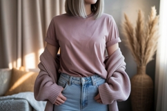 Woman wearing pink shirt and blue jeans image Product Image 1