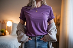Purple shirt blue jeans cozy cardigan mockup apparel Product Image 1