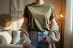 Olive green t shirt light wash denim mockup Product Image 1