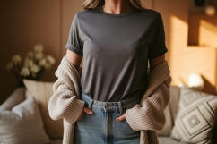 Woman wearing dark grey t shirt and light blue jeans Product Image 1
