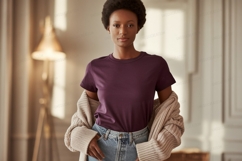 Woman wearing plum t shirt and cardigan image Product Image 1