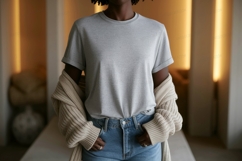 Grey t shirt denim jeans cardigan tshirt Product Image 1