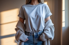 Light blue t shirt and grey cardigan mockup Product Image 1