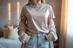Woman wearing plain t shirt and jeans mockup Product Image 1
