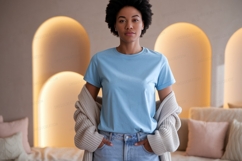 Woman wearing blue t shirt and cardigan image Product Image 1