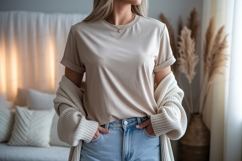 Beige t shirt mockup with cardigan and jeans image Product Image 1
