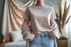Beige t shirt light blue jeans cardigan image Product Image 1