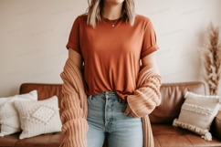 Woman wearing burnt orange t shirt and peach cardigan Product Image 1