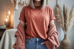 Terracotta tee and cardigan mockup denim jeans Product Image 1