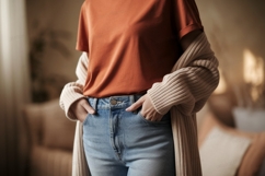 Orange shirt blue jeans cardigan image Product Image 1
