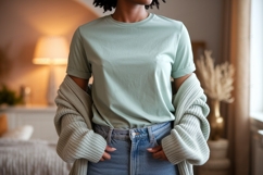 Woman wearing mint t shirt and denim jeans image Product Image 1
