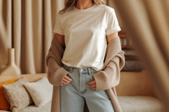 Cream shirt light jeans cardigan image Product Image 1