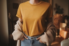 Mustard yellow t shirt light blue jeans beige cardigan Product Image 1
