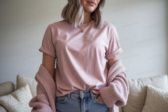 Pink shirt blue jeans cardigan image Product Image 1