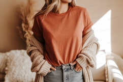 Woman wearing terracotta tee and cream cardigan image Product Image 1
