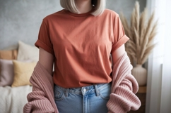 Terracotta tee light denim jeans pink cardigan image Product Image 1