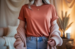 Terracotta tee with pink cardigan denim Product Image 1