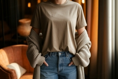Taupe tee blue jeans cardigan image Product Image 1