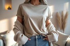 Beige t shirt and denim jeans mockup apparel clothing Product Image 1