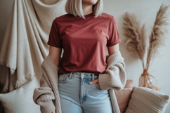 Woman wearing maroon t shirt and denim jeans image Product Image 1