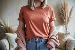 Terracotta tee with pink cardigan jeans Product Image 1