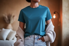 Teal shirt light jeans cardigan woman Product Image 1