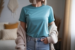 Teal shirt denim jeans cardigan image Product Image 1