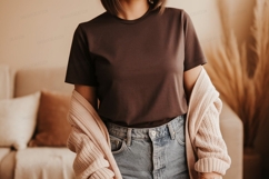 Brown shirt pink cardigan denim jeans mockup Product Image 1