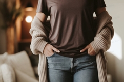 Casual woman wearing brown t shirt and blue jeans image Product Image 1