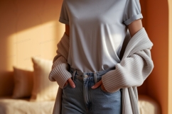 Light blue shirt denim jeans cardigan grey Product Image 1