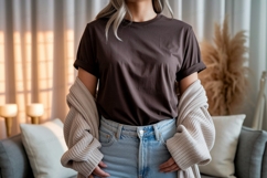 Woman wearing brown t shirt and blue jeans image Product Image 1