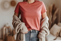 Coral tee and beige cardigan outfit denim Product Image 1
