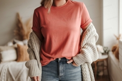 Coral shirt denim jeans knit cardigan image Product Image 1