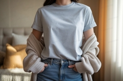 Light blue t shirt and beige cardigan image Product Image 1