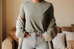 Olive green t shirt light blue jeans cardigan image Product Image 1