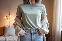 Woman wearing green t shirt and blue jeans image Product Image 1