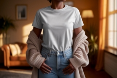 Woman wearing plain t shirt and cardigan jeans Product Image 1