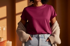 Woman wearing magenta t shirt and denim image Product Image 1