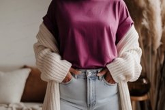 Magenta shirt cream cardigan light jeans mockup clothing Product Image 1
