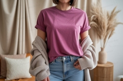 Woman wearing pink t shirt and jeans image Product Image 1