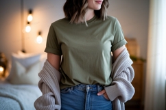 Woman wearing olive green t shirt and blue jeans image Product Image 1