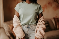 Woman wearing pastel t shirt and cardigan Product Image 1