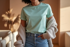 Woman wearing mint t shirt and denim jeans image Product Image 1