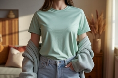 Mint green t shirt light blue jeans image Product Image 1