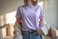 Woman wearing lavender t shirt and denim jeans image Product Image 1