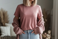 Pink shirt blue jeans cardigan image Product Image 1