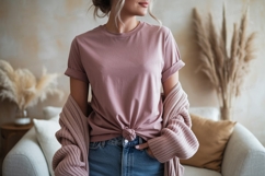 Woman wearing pink t shirt and cardigan image Product Image 1