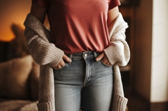 Woman wearing denim and cardigan casual fashion Product Image 1